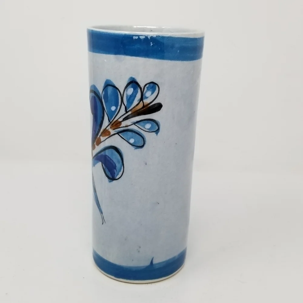 Ken Edwards Tonala Mexican Folk Art Pottery Vase Glazed Tumbler Bird Blue Floral